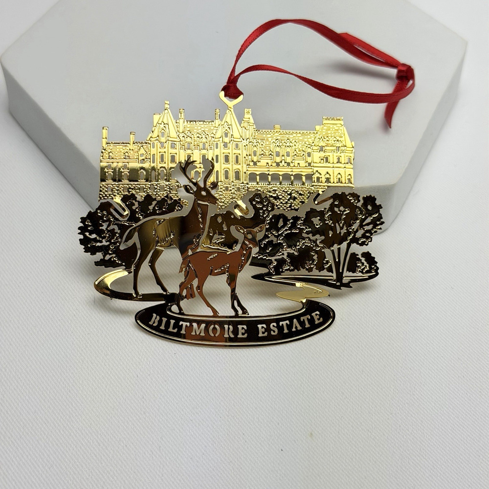 Biltmore Estate Ornament Centennial 1895-1995 Gold Tone Deer Mansion w/ Box